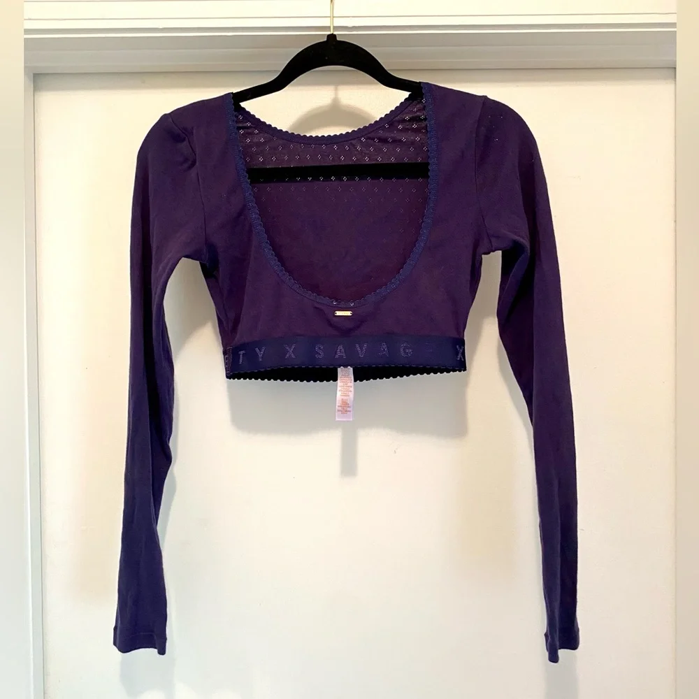 Savage X Fenty Long Sleeve Crop Top Blue Size XS Pointelle knit Scoop Neck